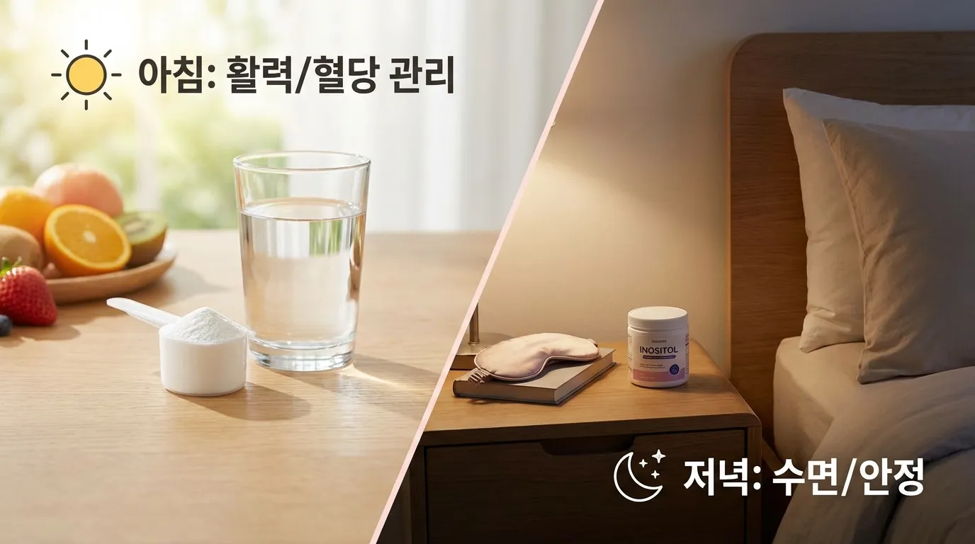 이노시톨 복용 타이밍·생활습관 인포그래픽